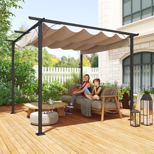 Image of Outsunny 3 x 3(m) Metal Pergola with Retractable Roof, Garden Gazebo Metal Pergola Canopy. Outdoor Sun Shade Shelter for Party BBQ, Beige