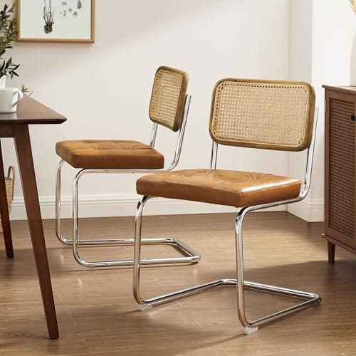 Image of Zouron Rattan Dining Chairs Set of 2, Oak Back Frame, Brown Faux Leather Upholstered Accent Chair with Natural Cane Back, Armless Rattan Kitchen Chairs with Metal Chrome Legs, Brown