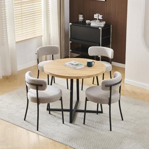 Image of Pantanal Wood Round Dining Table and Velvet Chairs Set of 4 for Small Space, 5 Pieces Compact Kitchen Table with 4 Chairs for Dinette Restaurant (oak table with 4 grey round wool chairs)