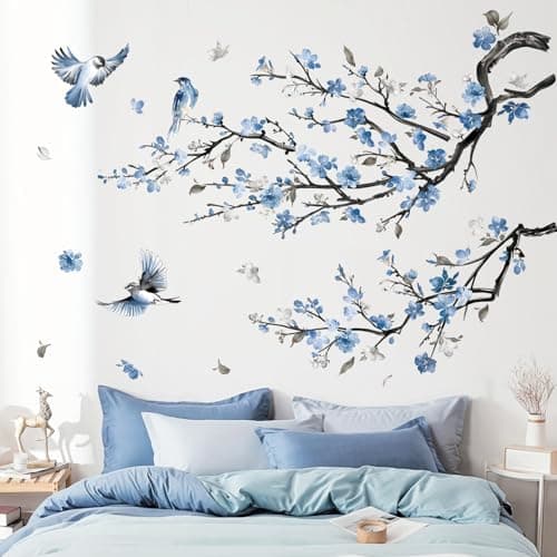 Image of decalmile Watercolor Blue Flower Branch Wall Decals Blossom Tree Branch Floral Wall Stickers Bedroom Living Room Sofa TV Background Wall Décor