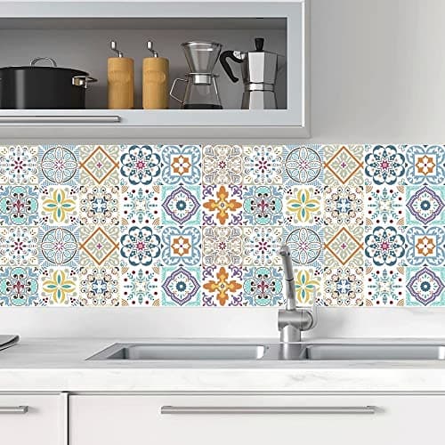 Image of 24pcs Light Moroccan Tile Stickers, Kitchen Bathroom Wall Tile Stickers Peel and Stick on Tile Transfers Covers Decals Self Adhesive Vinyl Waterproof Vintage Victorian Mosaic (15cm x 15cm, 6x6 inches)