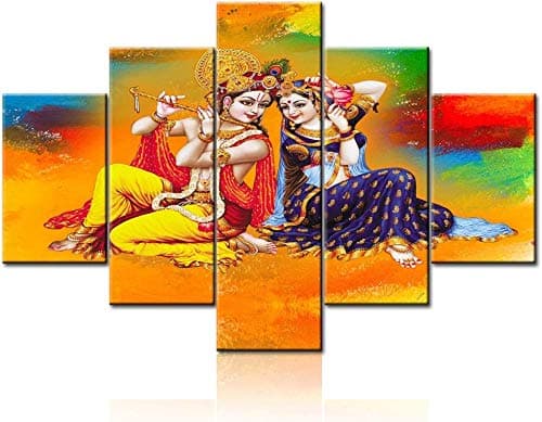 Image of Thznmg 5 Panel Wall Art Picture 200X100 Cm/ 78.8"X 39.4"Indian Wall Decor Lord Radha Krishna Pictures Colorful Art Watercolor Style Prints On Canvas 5 Piece/Multi Panel Paintings Artwork Gicl(No Frame