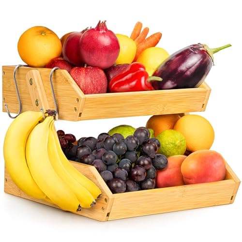 Image of Golden Nature Fruit Basket with Banana Hanger - 2-Tier Bamboo Fruit & Vegetable Storage Organiser for Kitchen Counter - Lightweight & Easy Assembly - Countertop Stand Holder Bowl with Included Screws