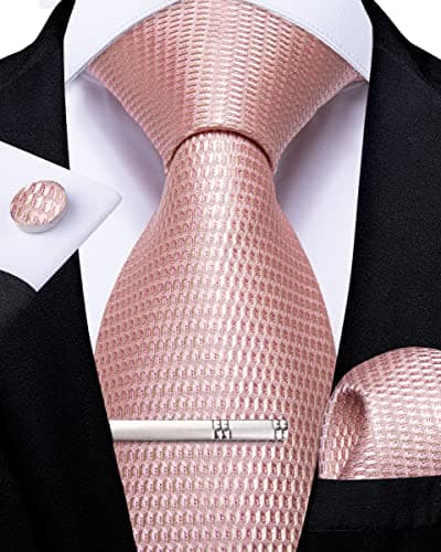 Image of DiBanGu Mens Tie Silk Blush Pink Necktie & Pocket Square Cufflinks Tie Clip Set Classic Formal Ties for Wedding Party