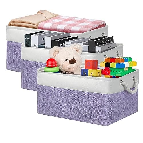 Image of PWVMWM Large Storage Baskets, Rectangular Fabric Storage Box with Handles, Canvas Basket for Clothes Towels Toys Blankets Shoes (41x31x21cm/3 Pack, White Purple)