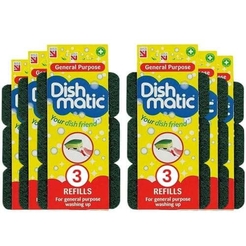 Image of 18 x Dishmatic General Purpose Sponge Refills – Green Heavy Duty Washing Up Replacement Heads with Antibacterial Abrasive Scourer, Ideal Kitchen & Bathroom Cleaning Sponges
