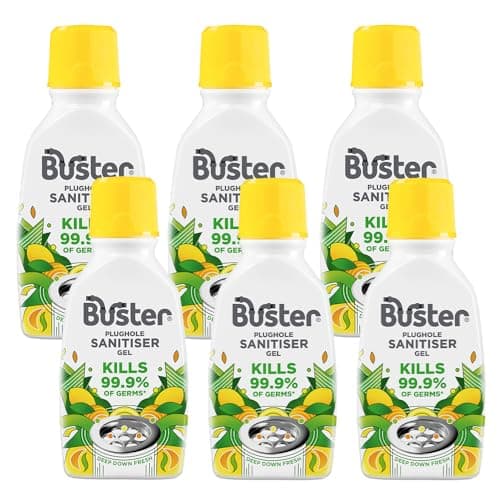 Image of Buster Plughole Sanitiser Gel (Citrus - Pack of 6 x 300ml) Fast-Acting Sink and Drain Cleaner for Bad Smells and Stains, Kills 99.9% Germs on Drains & Stainless Steel Sinks, Fresh Scent - Made in UK