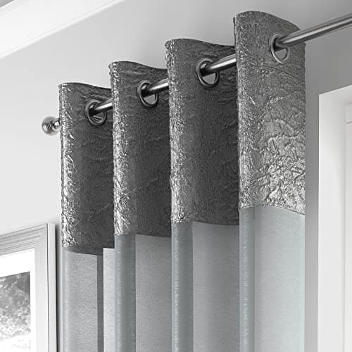 Image of Maple Textiles A Pair of Silver Grey Eyelet Heading Voile Crushed Metallic Satin Curtain Panel Ring Top Available in 3 sizes (2, Grey Silver, 90"(229cm) Drop)