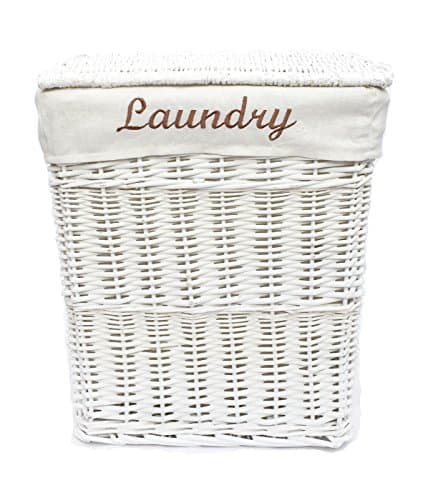 Image of White Wicker Laundry Basket Bin Bathroom Storage (M) (LxWxH) 40x29x48cm with Removable Washable Cotton Lining