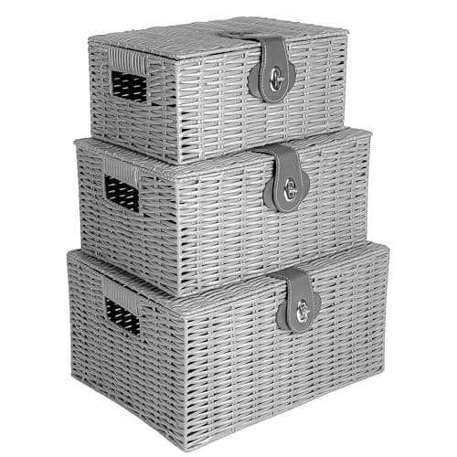 Image of Innoteck Wicker Storage Basket Set with Lids - Handwoven Decorative Storage Boxes with Handles, Large, Medium & Small - Ideal for Home, Bathroom, Kitchen & Office Organisation (Grey)
