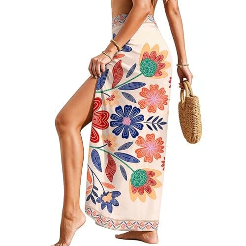 Image of EOAMGO Sarongs for Women Beachwear Long Beach Sarong Wrap Skirt for Women Chiffon Swimsuit Cover Up Lightweight Sheer Beach Sarongs for Women UK (Flower 1)