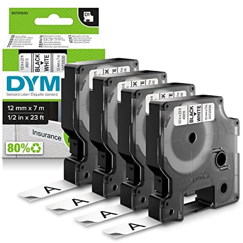 Image of DYMO Authentic D1 Labels | Black Print on White | 12mm x 7m | Self-Adhesive Labels for LabelManager Label Printers | 4 Count
