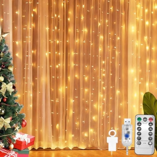 Image of CNMTCCO Curtain Fairy Lights Indoor, 3m x 3m 300 LED Christmas Window Lights USB Powered, Waterfall Hanging String Light Waterproof with 8 Modes&Timer for Bedroom/Wedding/Xmas Decorations, Warm White
