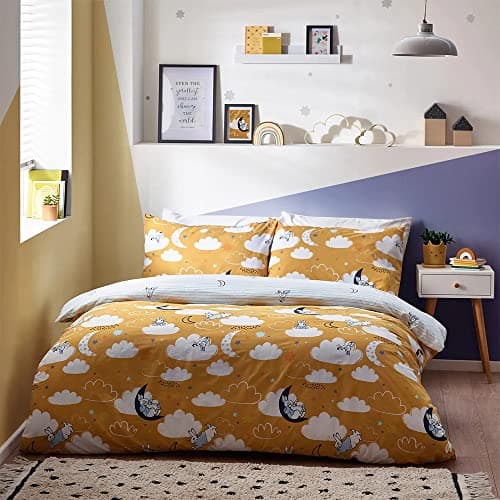 Image of Peter Rabbit™ Sleepy Head Duvet Cover Set – Reversible Moonlit Cloud Polycotton Children’s Bedding (Ochre – Double – 200x200cm)