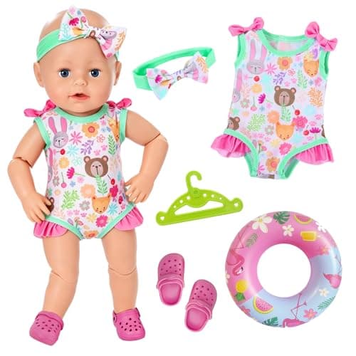 Image of Baby Doll Swimsuits 43cm, 5 Pcs Baby Doll Clothes Swimsuit for 14-18inch Doll, Colour Print Dolls Clothes Baby Doll Accessories with One-piece Swimsuit 1 Hairband 1 swimming Ring 1 Shoes 1 Hanger
