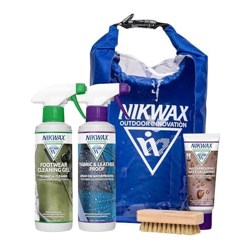 Image of Nikwax Hiking Care Kit - Trainer and Leather Boot Waterproofing - Shoe Cleaner Kit Includes Footwear Cleaning Gel, Fabric & Leather Proof, Waterproofing Wax, Brush and Dry Bag