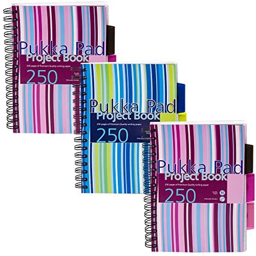 Image of Pukka Pad, A5 Striped Project Notebook 3-Pack - 21 x 14.9cm - Wirebound Notebook with 8mm Feint Ruled Lines on 80GSM Paper – Includes 3 Repositionable Dividers with Storage Pockets - 250 Pages