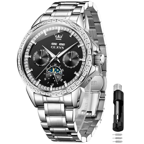 Image of OLEVS Mens Automatic Watch 42MM Diamond Large Dial with Multi-Function Perpetual Calendar Tourbillon Mechanical Winding Watch Stainless Steel 30M Waterproof Luminous Watches Gift, 6695：Silver-Black,