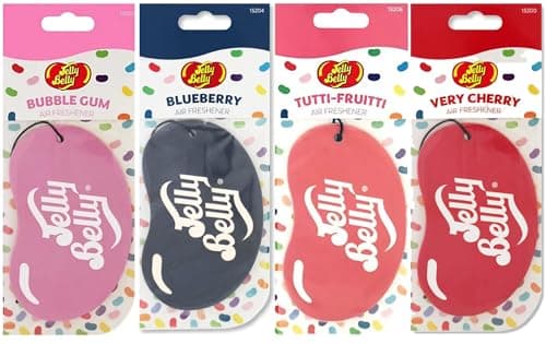 Image of Xtremeauto For Jelly Belly 2D Air Freshener - X4 Pack Car Air Fresheners, Very Cherry, Bubblegum, Blueberry & Tutti Fruitti, For Jelly Belly Air Freshener Car, Cardboard Hanging Airfreshener Bundle