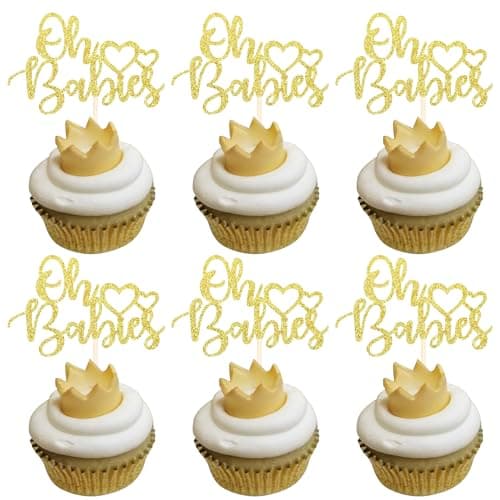 Image of SYKYCTCY 24 Pack Oh Babies Cupcake Toppers with Glitter Heart Twin Baby Shower Cupcake Picks Celebrating Kids Birthday Baby Shower Party Cake Decorations