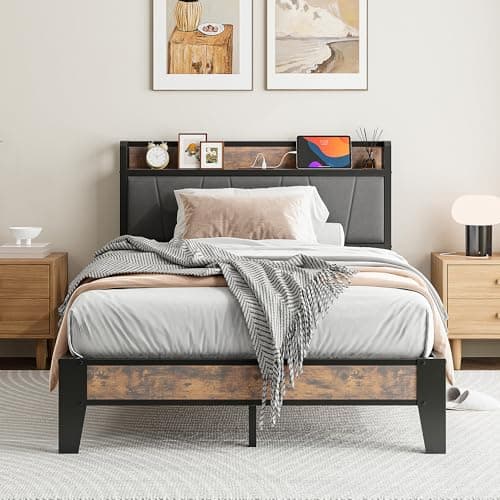 Image of IRONCK Small Double Bed Frame with Storage Shelf Upholstered Headboard, Platform Bed Frame with Charging Station, Metal Bed Frame/UnderBed Storage, Enhanced Support Noise Free, Vintage Brown+Grey