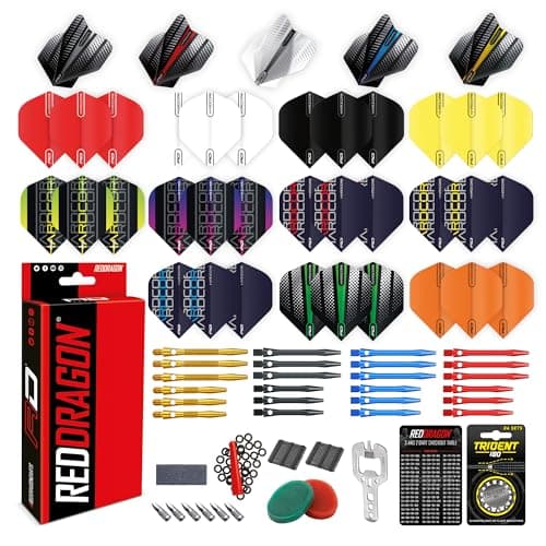 Image of RED DRAGON Darts - Pro Aluminium Accessory Pack - Includes Dart Flights, Shafts, Finger Grip Wax, Flight Savers & more - Professional Darts Accessories