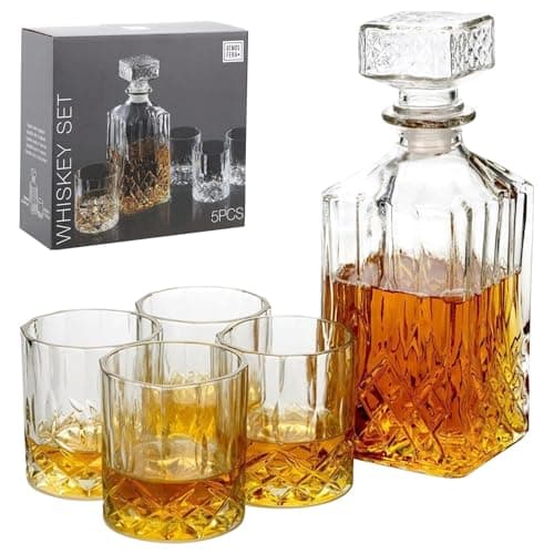 Image of GEEZY Whiskey Decanter Set, 5 Pcs - 4 Whiskey Tumblers 230ml & 900ml Decanter Carafe, Elegant Diamond Cut - Classic Gift for Men - Alcohol Glasses, Scotch, Rum & Whisky Accessories Enthusiasts