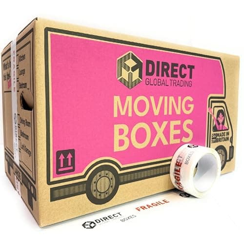 Image of 10 Strong Large Cardboard Storage Packing Moving House Boxes with Fragile Tape 52cm x 30cm x 30cm 47 Litres Carry Handles and Room List