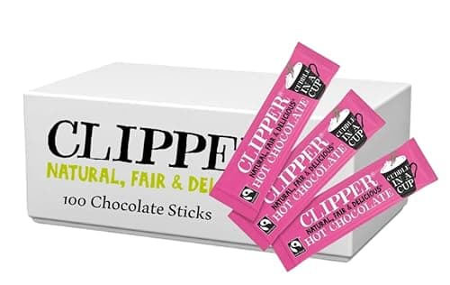 Image of Hot Chocolate Sachets 100 x 28g Clipper Fairtrade Chocolate Sticks Home, Office, Hotel, Guest House