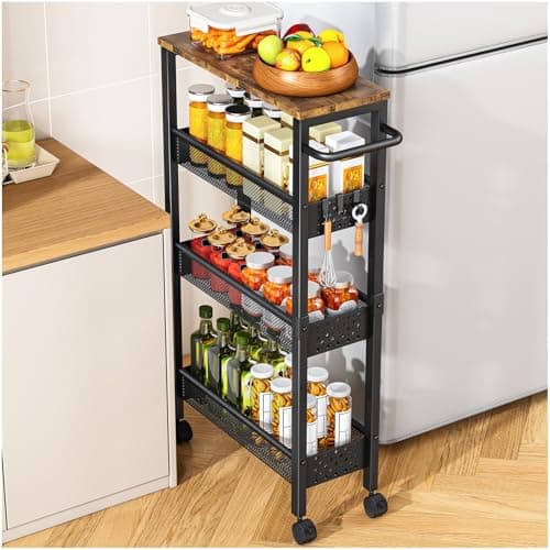 Image of OrderlyGo Narrow 4-Tier Kitchen Trolley with Wheels,Rolling Storage Cart with Wooden Top and Metal Frame,Utility Serving Cart with Handle for Small Spaces–Kitchen,Bathroom,Living Room–Black