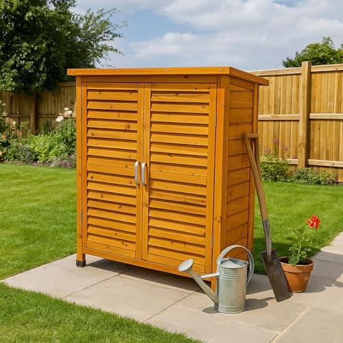 Image of Airwave Wooden Garden Storage Tool Shed | Outdoor Weatherproof Utility Cupboard Cabinet for Tools, Cushions, Toys | Functional Internal Shelves | Louvre Door Design | Fir Wood (95cm High)