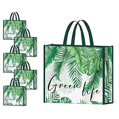 Image of NymphFable 5 Pack Reusable Shopping Bags Palm Tree Leaves Green Washable Grocery Bags Fabric Tote Bag