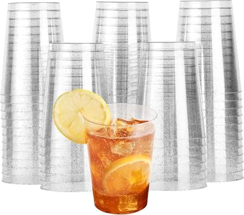 Image of MATANA 60 Clear Hard Plastic Cups, Tumblers with Silver Glitter (285ml / 10oz) - Sturdy & Reusable - Birthdays, Weddings, Anniversary, Christmas, BBQ, Picnic, Parties