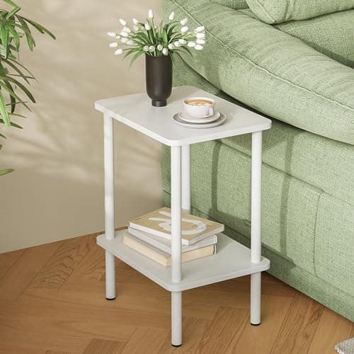 Image of APICIZON 2 Tier Side Table, Narrow End Table with Storage Shelf, Bedside Table Nightstand for Small Spaces, Bedroom, Living Room, Entryway, Farmhouse, No-Tool Assembly, White