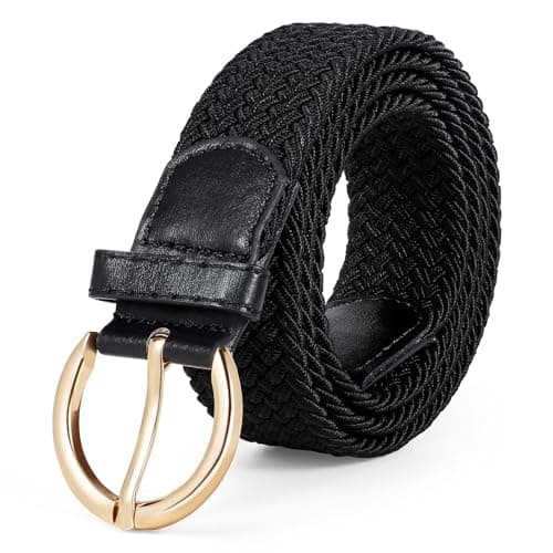 Image of WERFORU Ladies Stretch Belt with Gold Buckle Women's Elasticated Woven Braided Belt for Jeans Pants Black