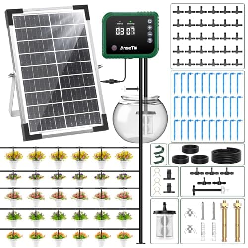 Image of AnseTo 8W Solar Irrigation System with Water Timer,DIY Solar Automatic Drip Irrigation Kits,Split Automatic Watering System for Garden Plant Greenhouse with 30 Drippers/30M Water Pipes, Etc