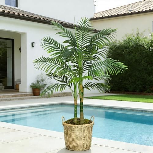 Image of TXABL 4FT Artificial Golden Cane Palm Tree, Large Artificial Plants with Black Planter, 120CM Tall Fake Tropical Palm Plant for Indoor Outdoor Living Room Patio Poolside Office Home Decor