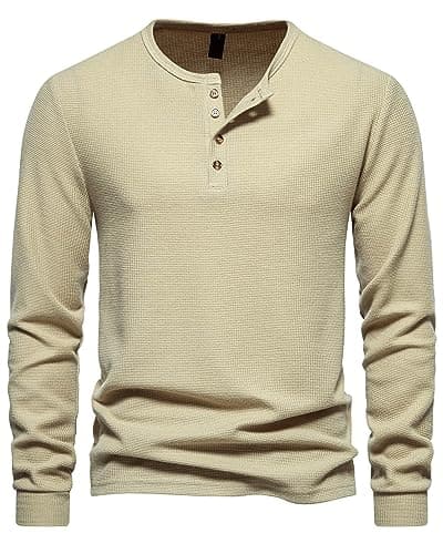 Image of MakingDa Henley T Shirt Mens Long Sleeve Slim Fit Waffle Grandad Collar 4 Button Jumper Tops Smart Casual Collarless Shirts-Khaki-M