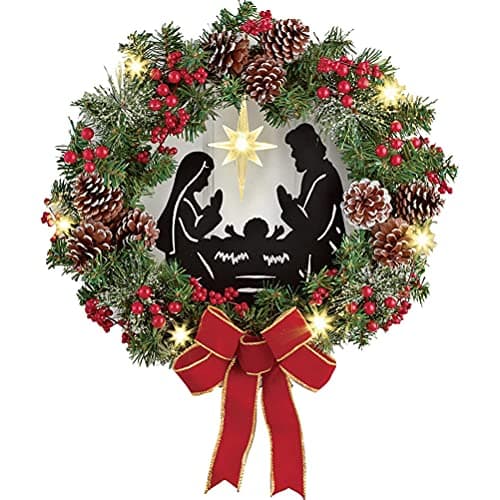 Image of Merry Xmas Jesus Nativity Scene LED Lights String Wreath with Red Berry Pine Cone, Holiday Decorations for Indoor or Outdoor Use, Beautifully Designed, Battery Operated (B)