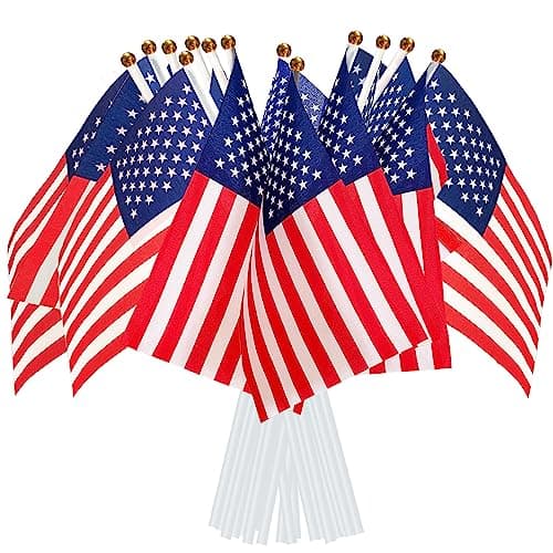 Image of AhfuLife 15pcs American USA Flags on Sticks for 4th July Decorations, Hand Held America Small Flags with 30cm White Pole for Memorial Day Veterans Day Independence Day Decorations