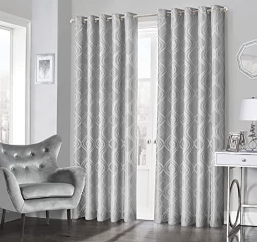 Image of Intimates Luxury Jacquard Ring Top Eyelet Geometric Swirl Pattern Curtain Pair Fully Lined (Silver Grey, 46" Wide x 54" Drop)