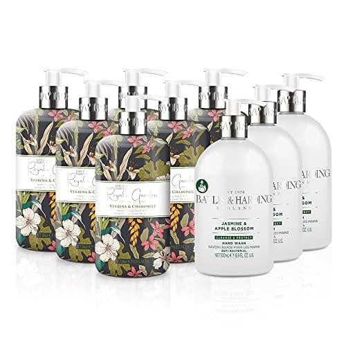 Image of Baylis & Harding Hand Wash Bundle: 6 x 500 ml Royale Garden Limited Edition Verbena & Chamomile & 3 x 500 ml Anti-Bacterial Jasmine & Apple Blossom (9 bottles) - Vegan Friendly