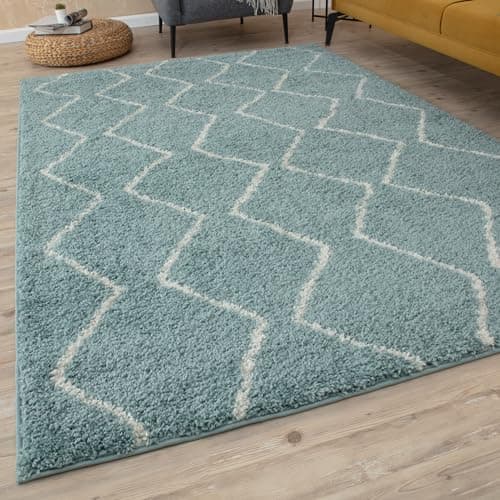 Image of THE RUGS Modern Moroccan Design Living Room and Bedroom Rugs, Non-Shedding & Easy Care (Boho Duck Egg Blue/Ivory, 120x170 cm)