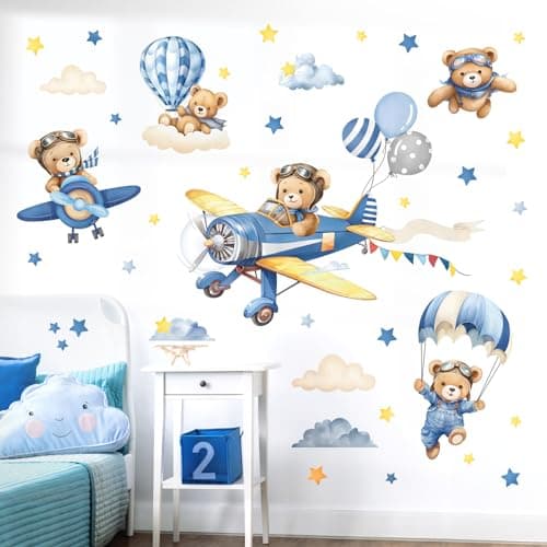 Image of decalmile Airplane with Animals Wall Stickers Hot Air Balloon Bear Clouds Wall Decals Baby Nursery Kids Boys Bedroom Living Room Wall Decor