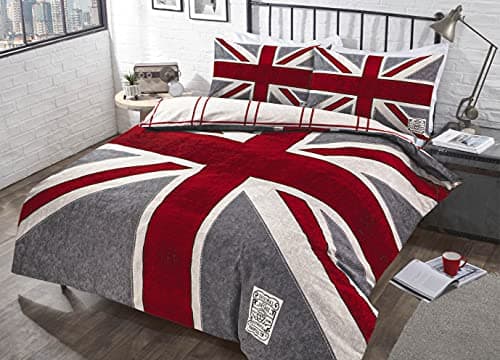 Image of CnA Stores - Grey Red Denim Union Jack England Double Duvet Cover Reversible Bedding Set With Pillowcases