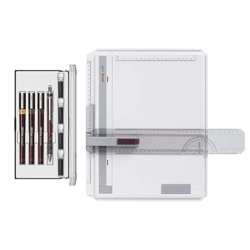 Image of rOtring A4 Profil Drawing Board & Isograph Junior Pen Set | 3 Refillable Technical Fineliners, Mechanical Pencil & Ink Cartridges | German Precision Drawing Kit for Students & Designers