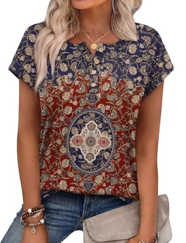 Image of Aokosor Womens Summer Tops Floral Printed Short Capsleeve Shirts Crew Neck Casual Short Sleeve Wine red Print Ladies Tops Size 14-16 for UK