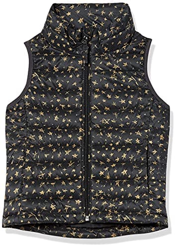 Image of Amazon Essentials Girls' Lightweight Water-Resistant Packable Puffer Gilet, Black Stars, 6-7 Years