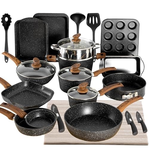 Image of Kitchen Academy Bakeware and Cookware Set, 30 Piece Non-Stick Pots and Pans Set, Induction Pan Set, Granite Non-Stick Saucepan Set (Black)