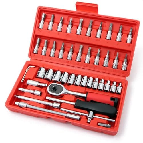 Image of YWHWXB 46 Pieces Mechanic Tool Kit 1/4” Dr. Ratchet Socket Wrench Set with Storage Case, Includes Bit Sockets and Extension Bar